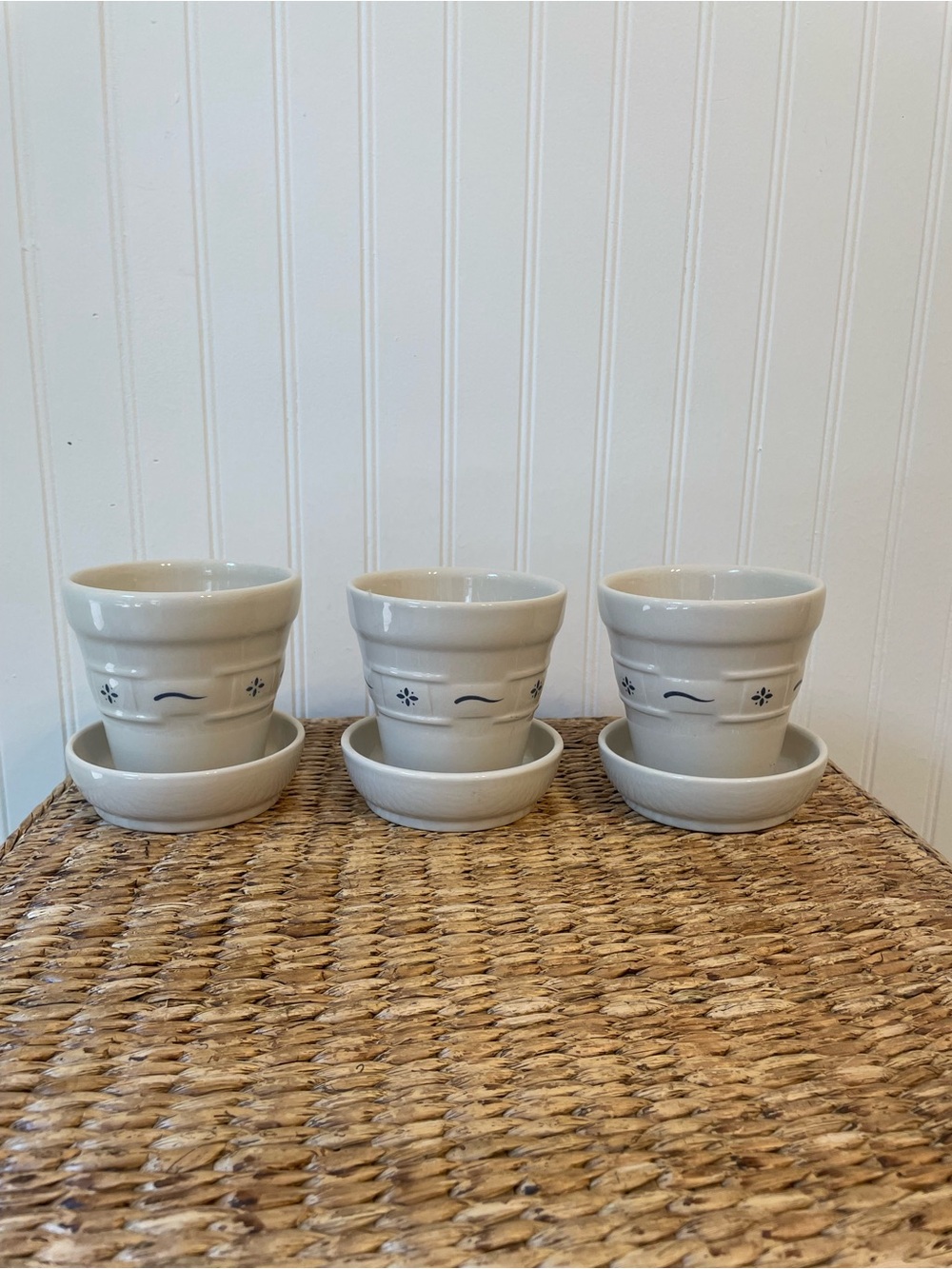 Set of 3 Longaberger Blue Ceramic Herb Pots with Saucers - Cream